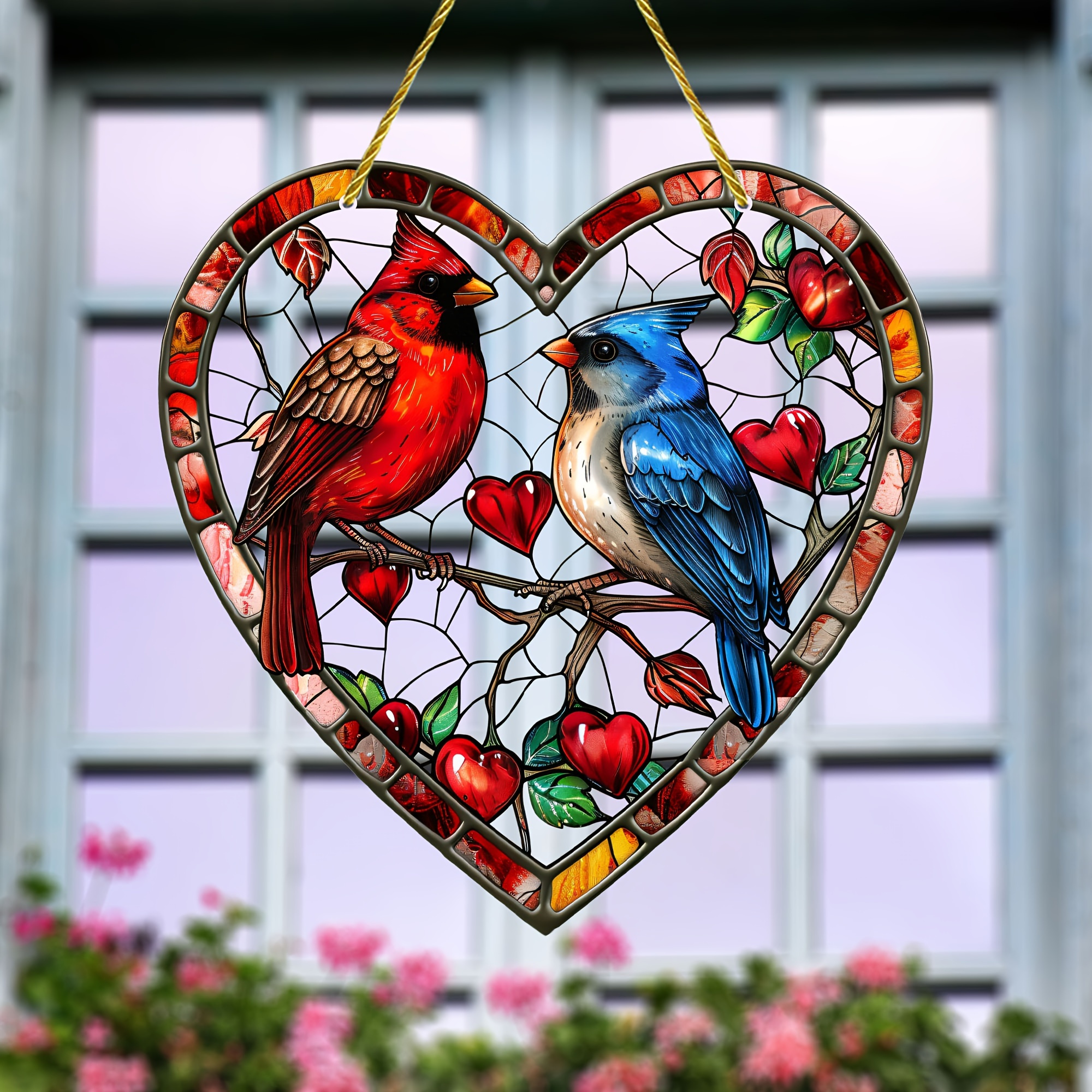 

Heart-shaped Garden Suncatcher With & Bluebird, Stained Glass Window Hanging Decor, Animal Theme, 8-inch, With Ideal Housewarming Gift For Home, Garden, Room