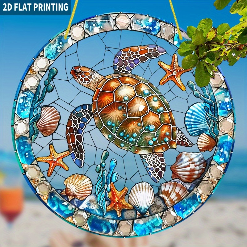 TEMU 2d Flat Single Piece Ocean Catcher, 7.87x7.87 Inches Round Acrylic Plaque, Colorful Painted Acrylic Style Window Hanging Decoration, A Coastal