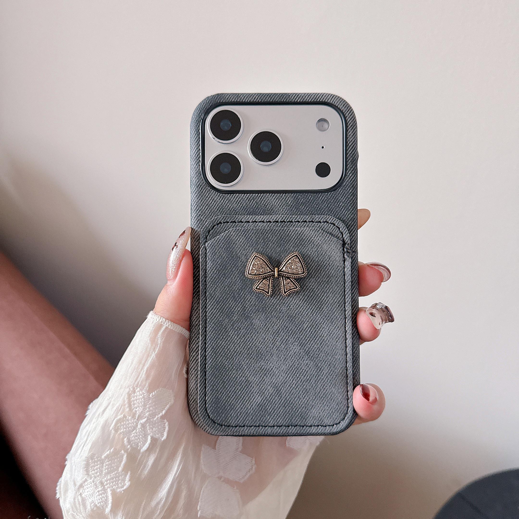 TEMU Phone Case: Autumn/winter Vintage Denim Print Card Holder Bow Phone Case For 17/16/15/14/13/12/11 Pro 17 Air