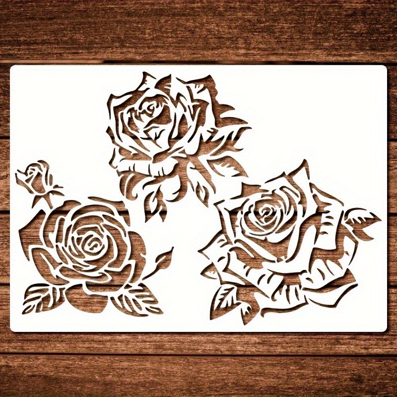 1pc Large Rose Flower Template, Reusable Rose Pattern With Leaf Design Template, Suitable For Crafts, Durable Pet Floral Stencil, For Wood Wall Furniture Mugs Paper Fabric Home Decor