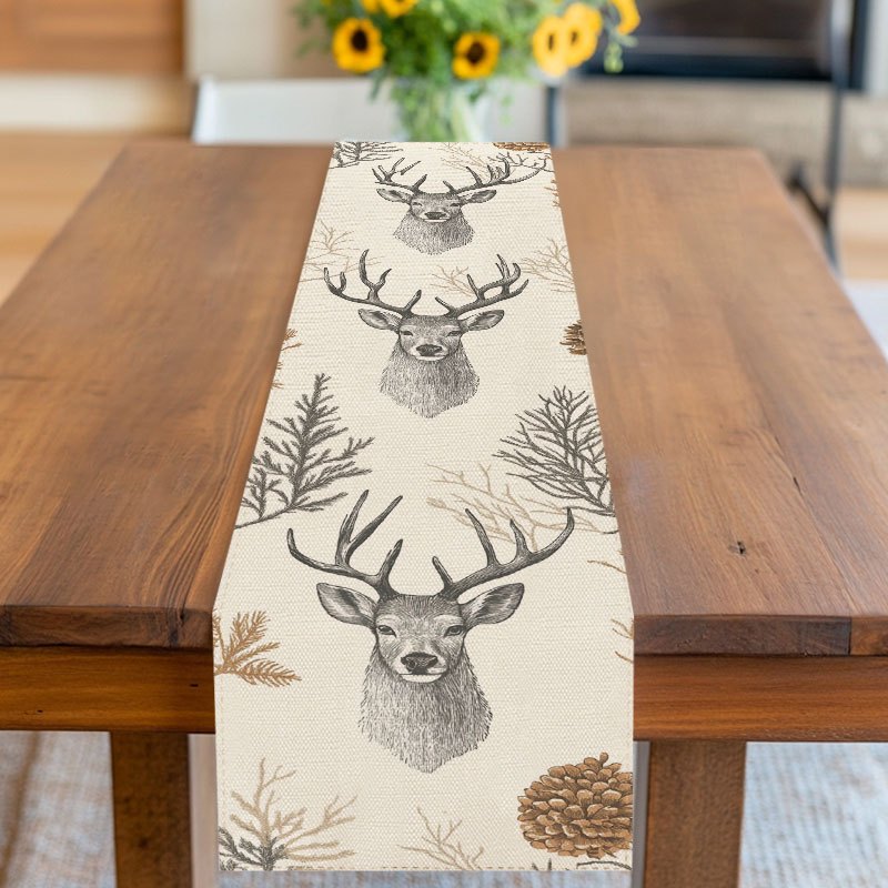 E-shop rustikaler Tischläufer mit beigem Hirsch- Kiefernmuster-Design, 2D-Druck, geeignet für Weihnachten, Winterparty, Picknick, Zusammenkunft, für
