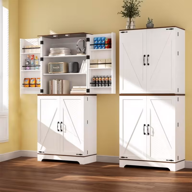 75" Tall White Farmhouse Storage Cabinet with Adjustable Shelves - Rustic Wood Pantry Cupboard for Kitchen, Bathroom & Dining Room