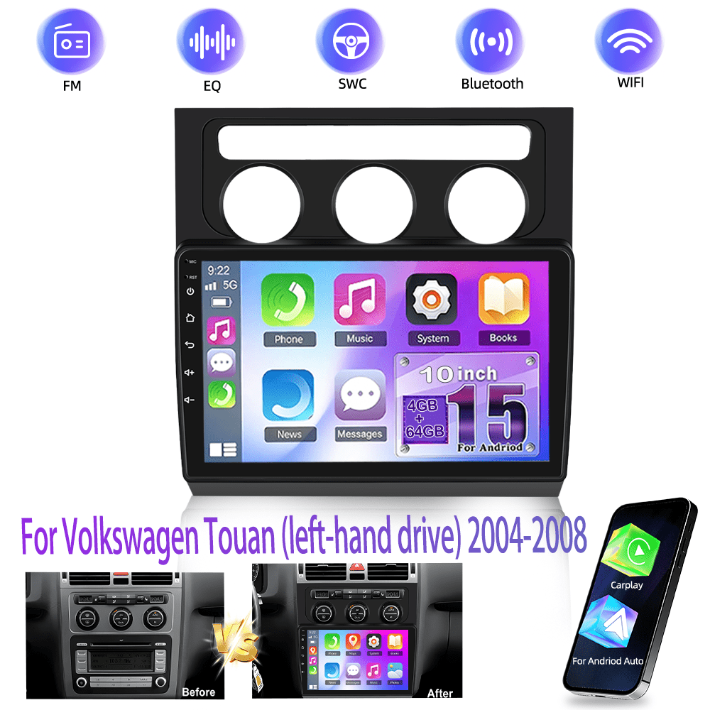 TEMU 10" 15 Car Stereo For Touan (left-hand Drive) 2004-2008 Direct Replacement, 4 64g Touchscreen, With Canbus And & / Bluetooth 5.0 &wifi/fm &rds/