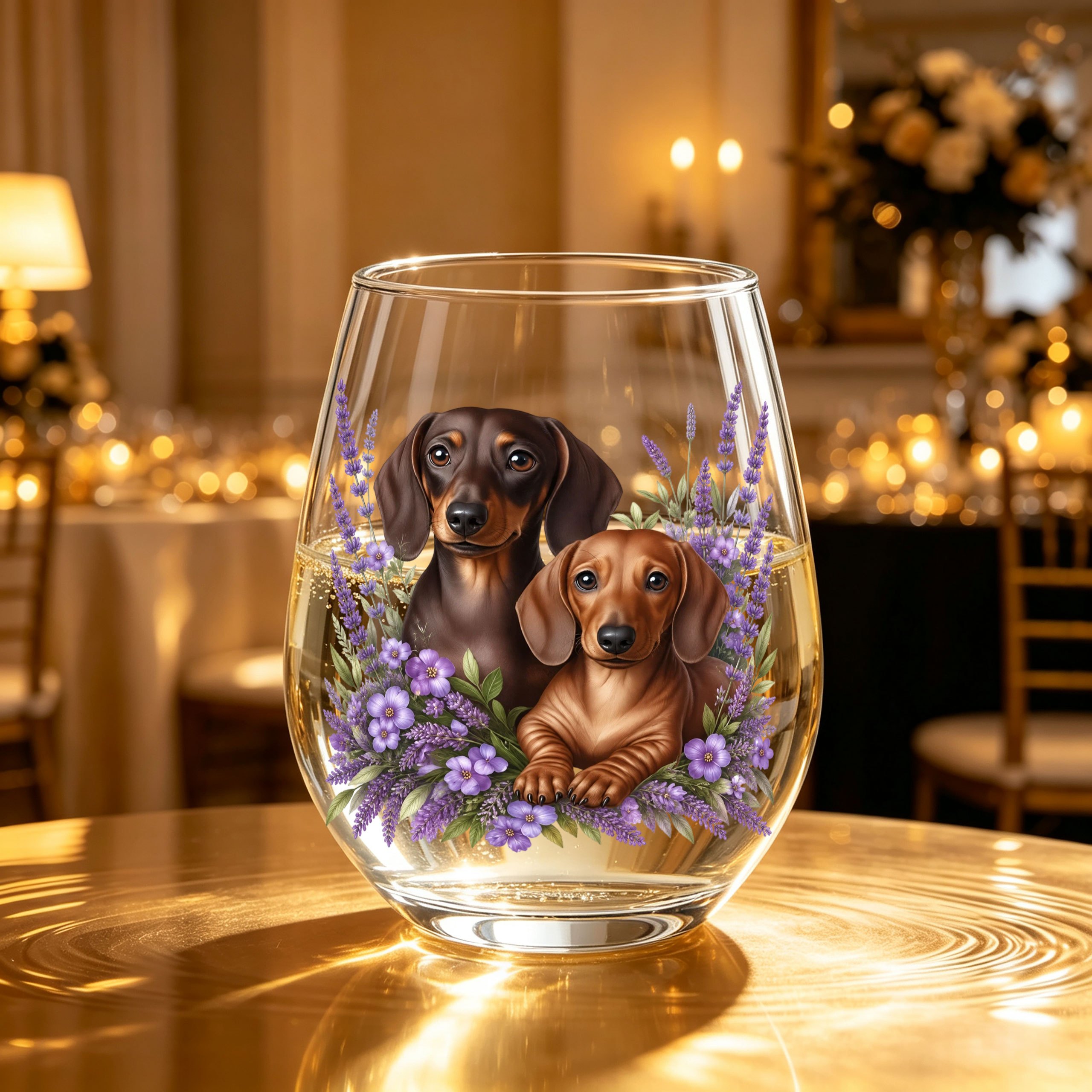 TEMU 1pc 1pcs Lavender Bouquet & Dachshund Puppy Print Glass Cup - Egg-shaped Stemless Wine Glass Suitable For Champagne, Whiskey, Juice, Dishwasher