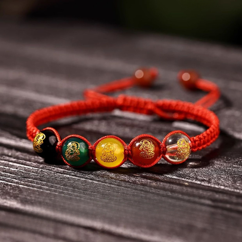 Bohemian Style Adjustable Red Rope Bracelet with Multicolored Beads