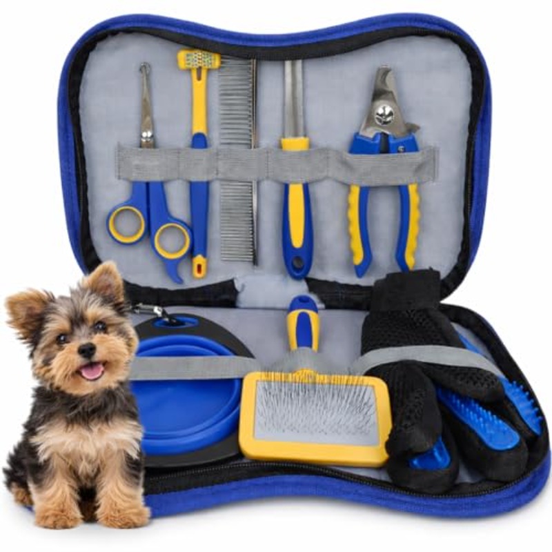 8pcs Professional Dog And Cat Grooming Kit Curved Grooming Scissors Thinning Shears Slicker Brush Nail Clippers Grooming Glove And Travel Case Complete Pet Grooming Tools for Home And Travel