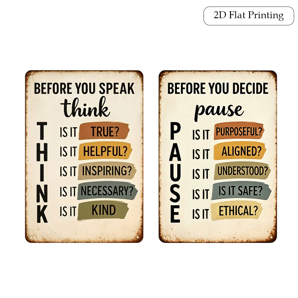 TEMU 2 Pack Inspirational Text Vintage Metal Signs Set, 12x8 Inch 2d Flat Printing Pause Reminder Decor Plaque Ornament, Home Office Bedroom Entryway