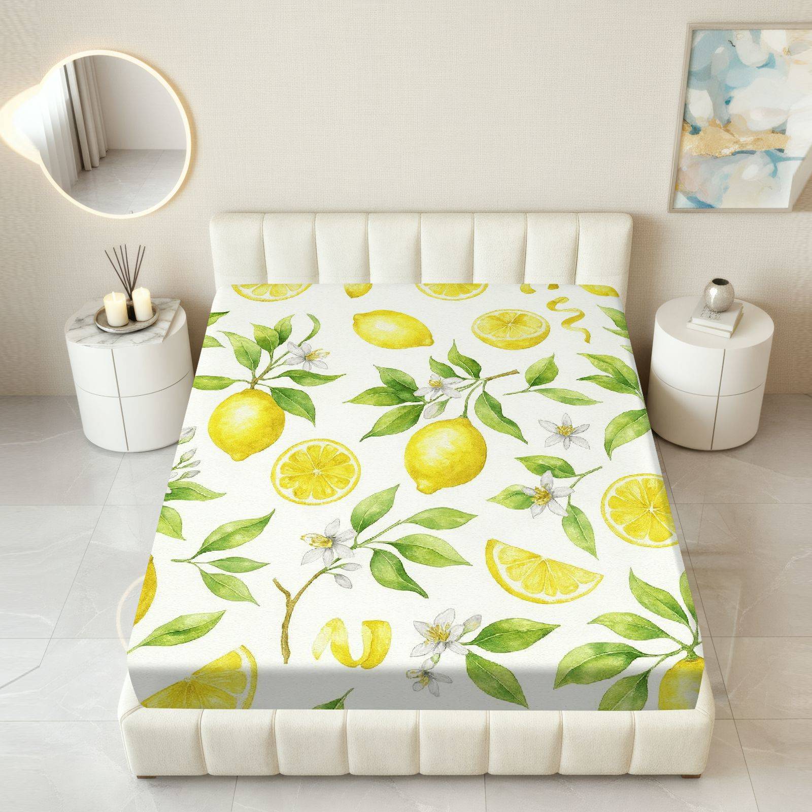 TEMU 1 pièce Drap-housse avec motif d'agrumes au citron, protège-matelas sur le thème de l'été, protège-matelas respirant à imprimé citrons , housse