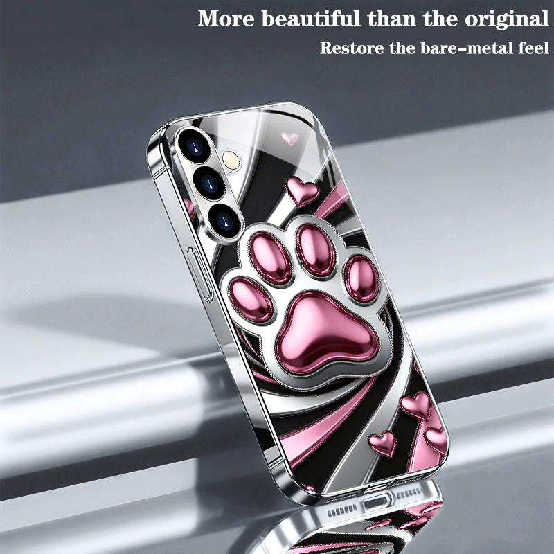 TEMU Phone Case - A High-end Pink Golden Cute Paw Pattern Electroplated Silver Tempered Glass Phone Case Suitable For Galaxy