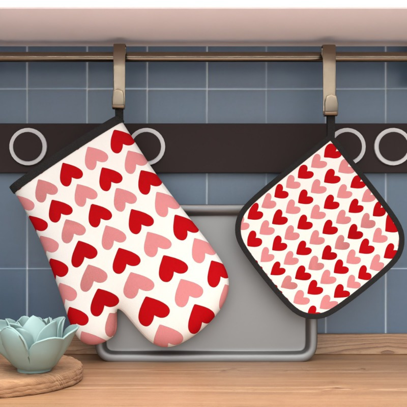 TEMU 2pcs 10.6*6.7 Inch Oven Mitts And Potholders Happy Valentine's Day Many Red And Heat Resistant Oven Mitts And Pot Holders Suitable For Grilling,