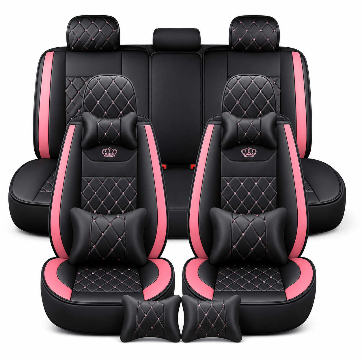 TEMU Women's 5pcs Crown Diamond Stitching Car Seat Covers, Full Set With Front & Rear Covers + 2 Headrests + 2 Lumbar Cushions, Durable Pu Leather