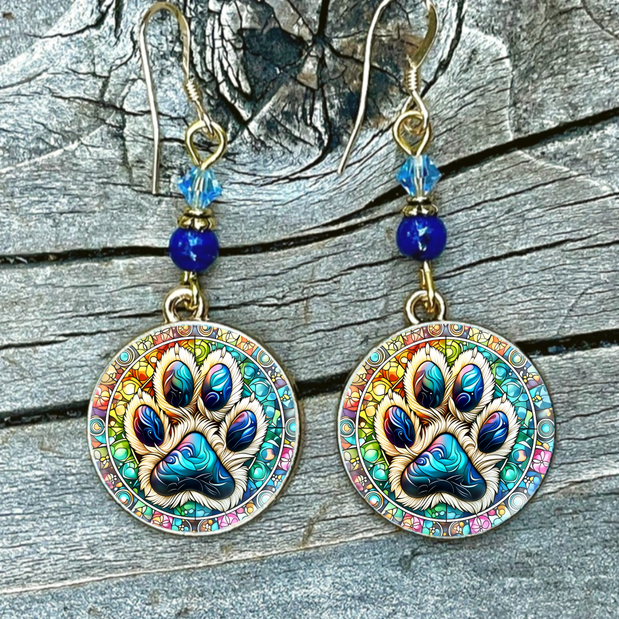 TEMU 2pcs Stained Glass Animal Paw Earrings With & Dog Paws - Color Glass Panels, Retro Elegant Jewelry For, Wearable Gift For Pet Lovers (christmas,