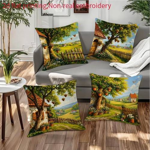 4pcs landscape decorative pillowcases 2d flat printed non real embroidery multiple specifications for sofa living room bedroom decor