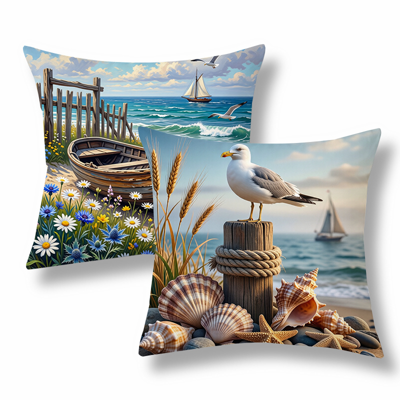 TEMU Lot de 2 housses de coussin de style côtier, taies d'oreiller décoratives, motif paysage marin et de plage avec mouettes, bateaux, coquillages.