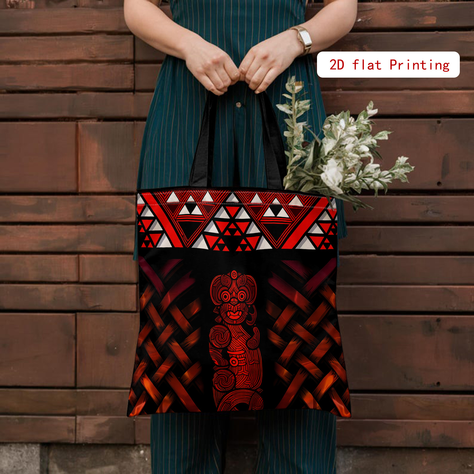 TEMU 2d Printed Shoulder Bag | Maori Art Tribal Design Tote, , Unlined, No-closure, Fixed Shoulder Straps, Suitable For Daily Shopping And Festivals