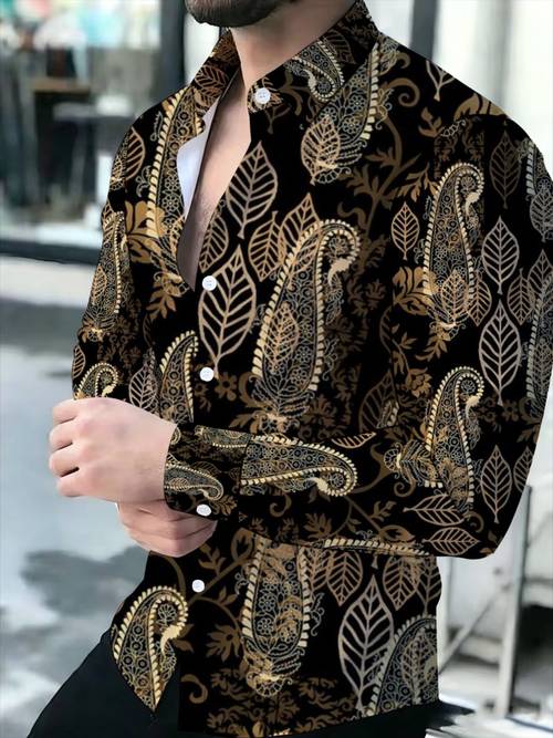 elegant black and golden paisley pattern shirt for men lightweight and durable casual parties or evening events stylish design with button front and long sleeves