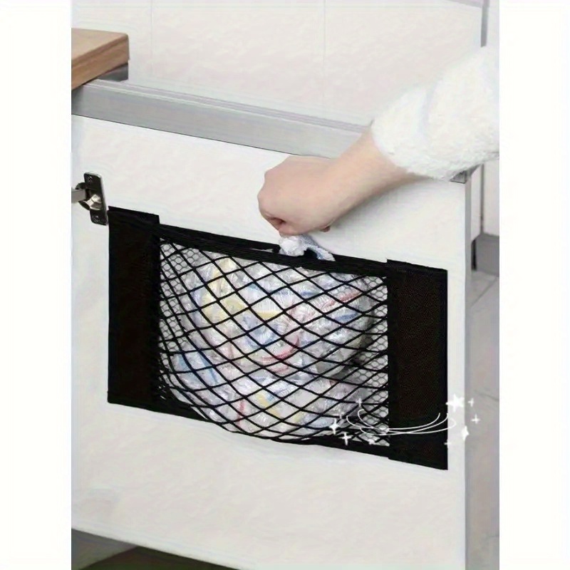 2pcs of   wall mounted storage net bags   to punch holes with strong   backing tape suitable for storing items behind cabinet doors car trunks and under sinks can store garbage bags drinks toys tools wall sticker sto Product details 1