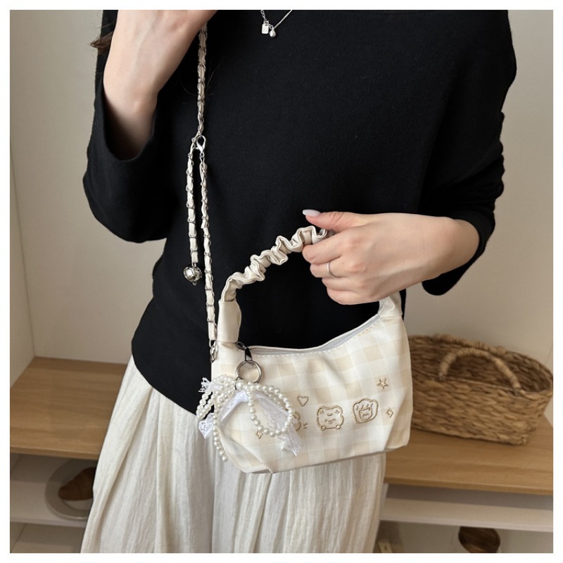 Plaid Ruched Handle Hobo Bag With Pearl Bow And Chain Shoulder Bag_voghion.com