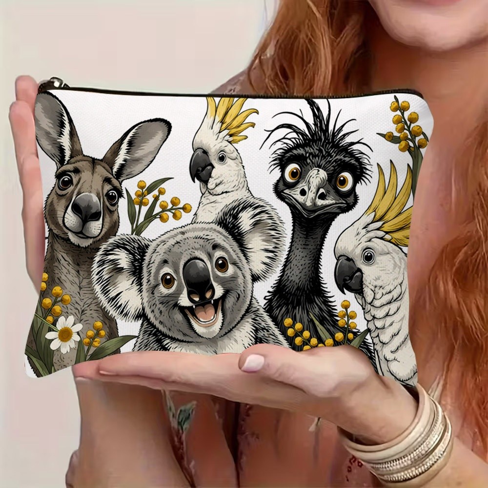 TEMU 1pc 2d Flat Cartoon Cosmetic Bag With Vibrant Australian Wildlife Prints (kangaroo, Koala, Roosteratoo, Emu, & Daisy), Zipper Closure,