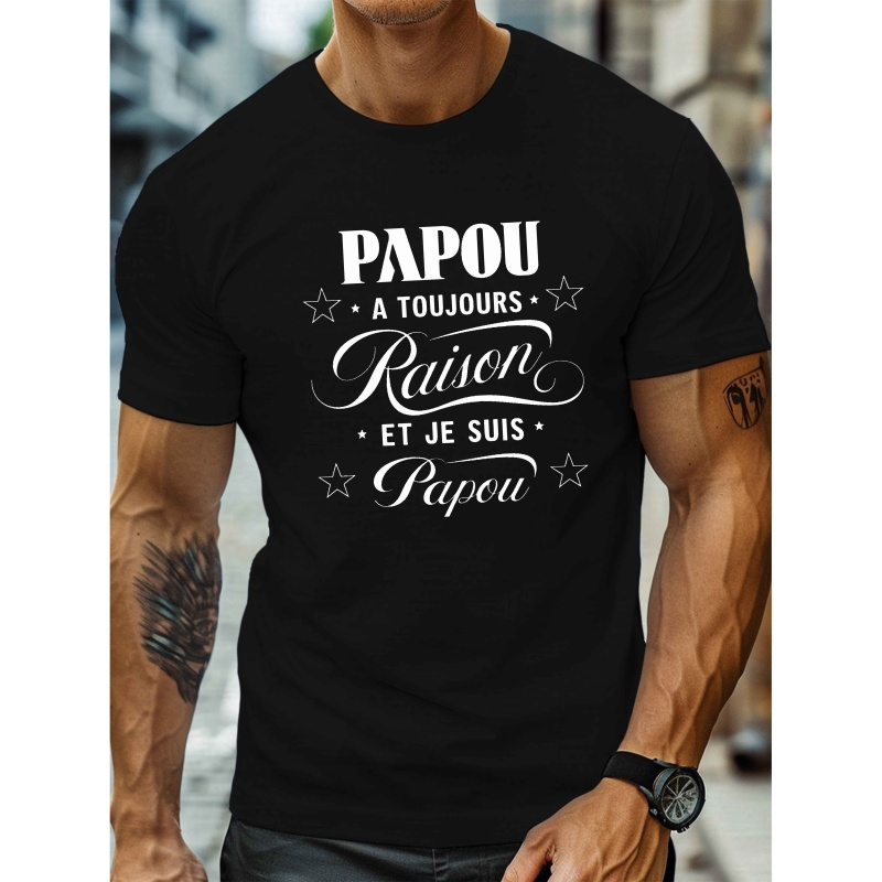 

Men's Casual Crew Neck T-shirt With "papou Papou " Print, 100% Polyester Knit Fabric, Geometric Pattern, Lightweight Summer Top