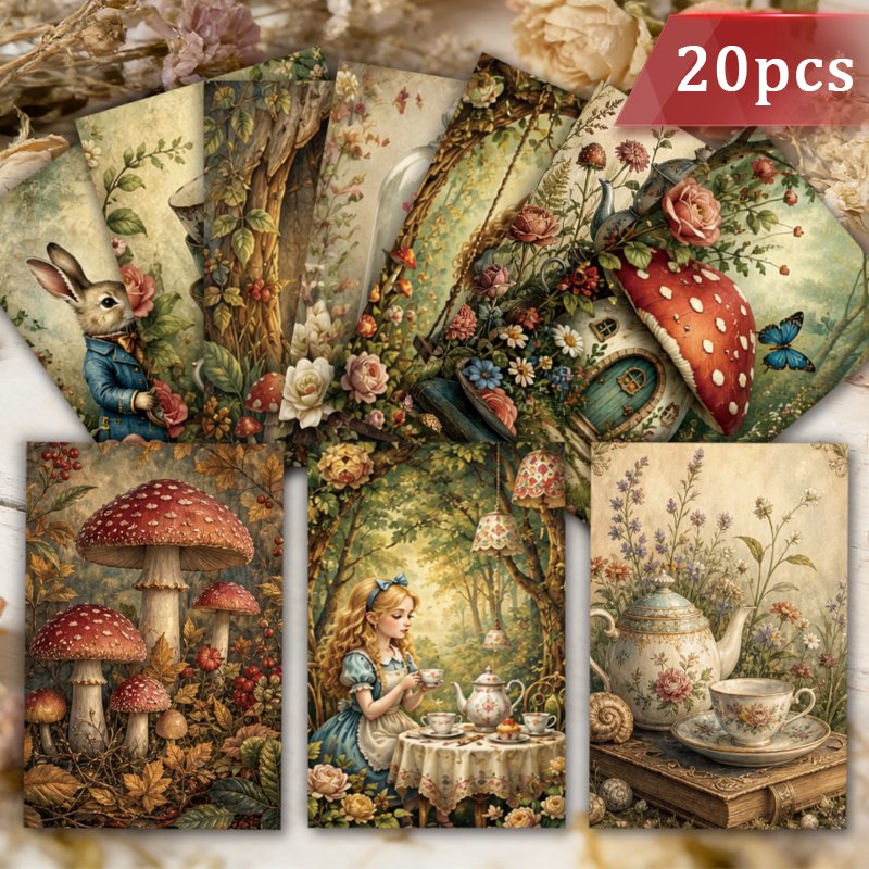 TEMU (double-sided Printing, Thickened Cardstock) 20pcs Vintage Fantasy Fairy Tale Wonderland Tea Party Art Postcards Set, Retro Aesthetic Bunny