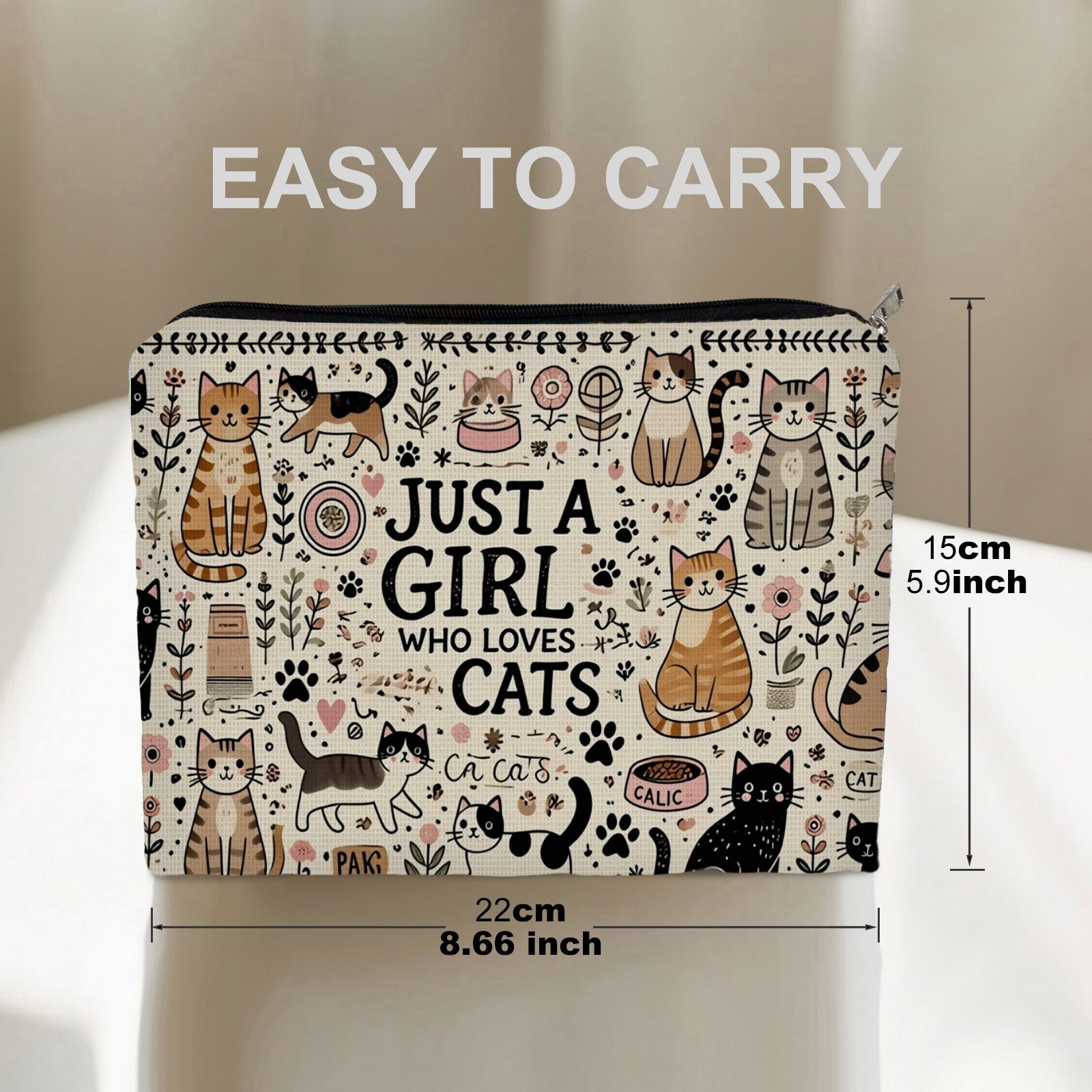 TEMU 1pc Cute Cat And Floral Printed Makeup Bag, Double-sided Polyester Cosmetic Pouch (5.9in X 8.66in), Whimsical " Who Cats" Design, Perfect Gift