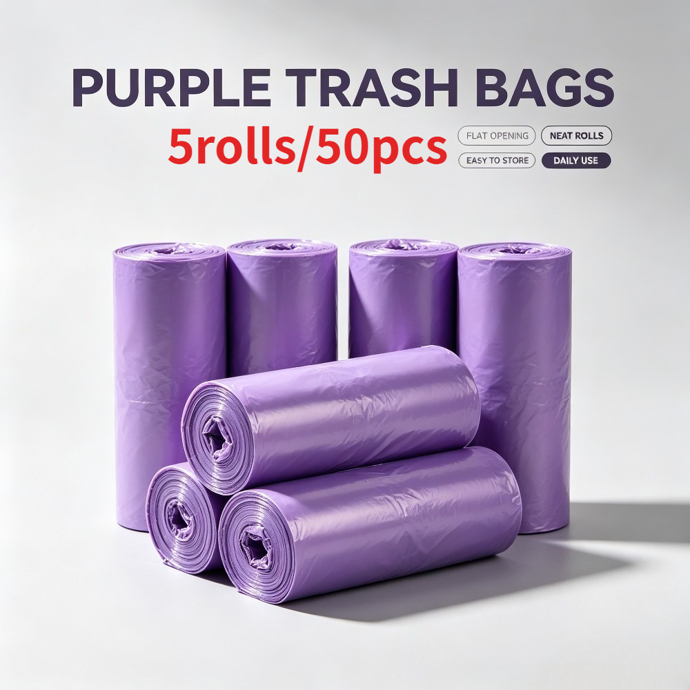 TEMU Sacchi della spazzatura viola a cima piatta da 50 pezzi in 5 rotoli, misura media, extra spessi, tenacit�, forte capacit� di carico, robusti e