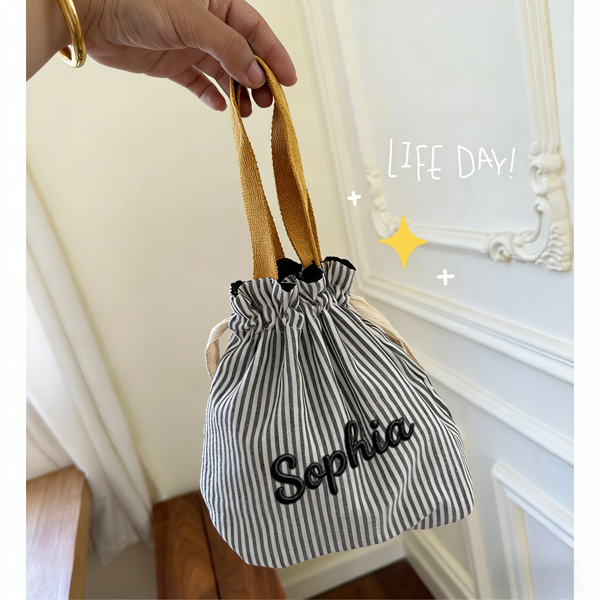 TEMU Bolso Tote con Cordón Personalizado con /Texto - Bolso de Regalo Duradero Personalizable con Cierre de Cordón, Correa de Muñeca y Anillo para