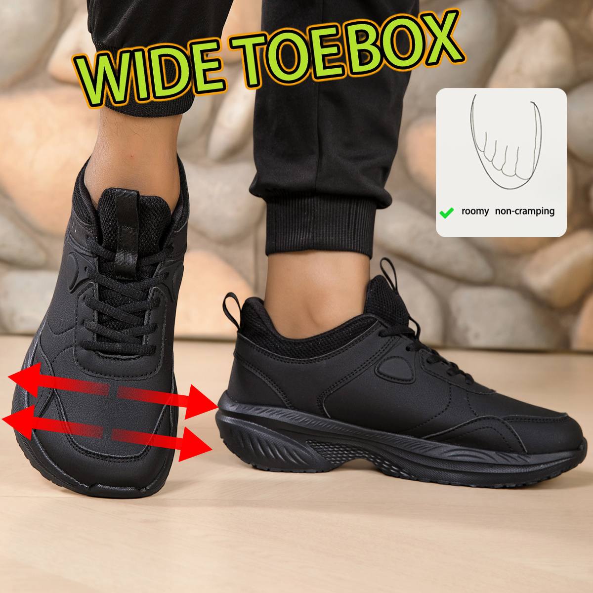 mens wide toe sneakers wide fit black low top lace up with widened toe box all black pu leather upper breathable mesh anti slip thick sole