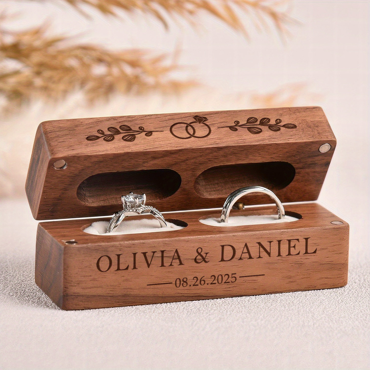 TEMU 1 Custom Carved Walnut Ring Box-magnetic Design, Elegant Floral Pattern, Engraved Name And Date, Durable Wooden Jewelry Box, Suitable For