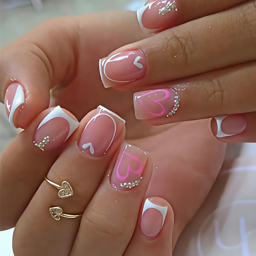 TEMU 48pcs Square Pink Clear 3d Heart Press On Nails Reusable Pink Base With Heart Pattern Fake Nails Finish Easy To Apply Long Lasting Waterproof