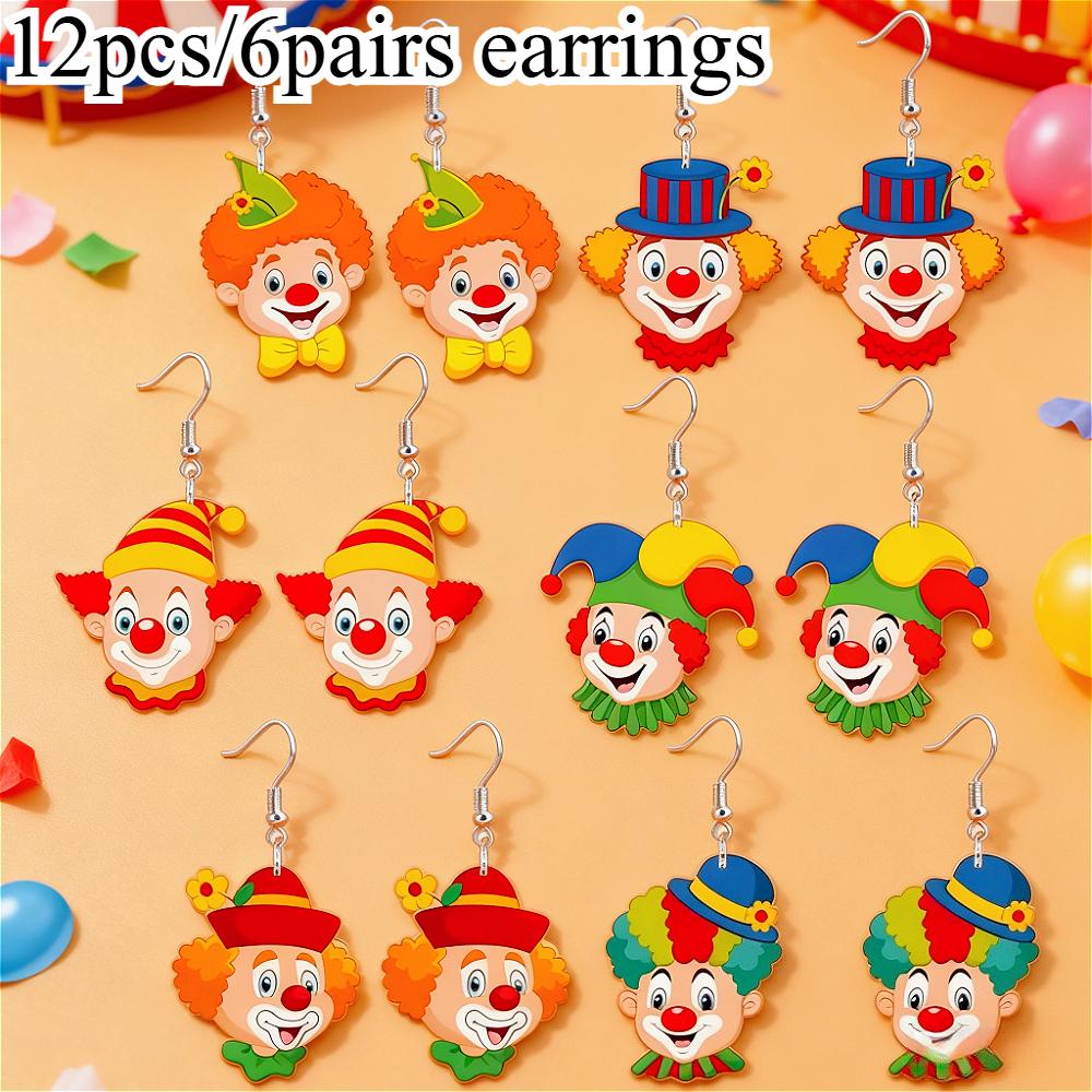TEMU Plat 2D, Surface Plate 2D, 6 Paires de 12 Boucles d'Oreilles Clown de Carnaval Bohème - Bijoux de Fête Visage de Clown 2D en Acrylique Coloré