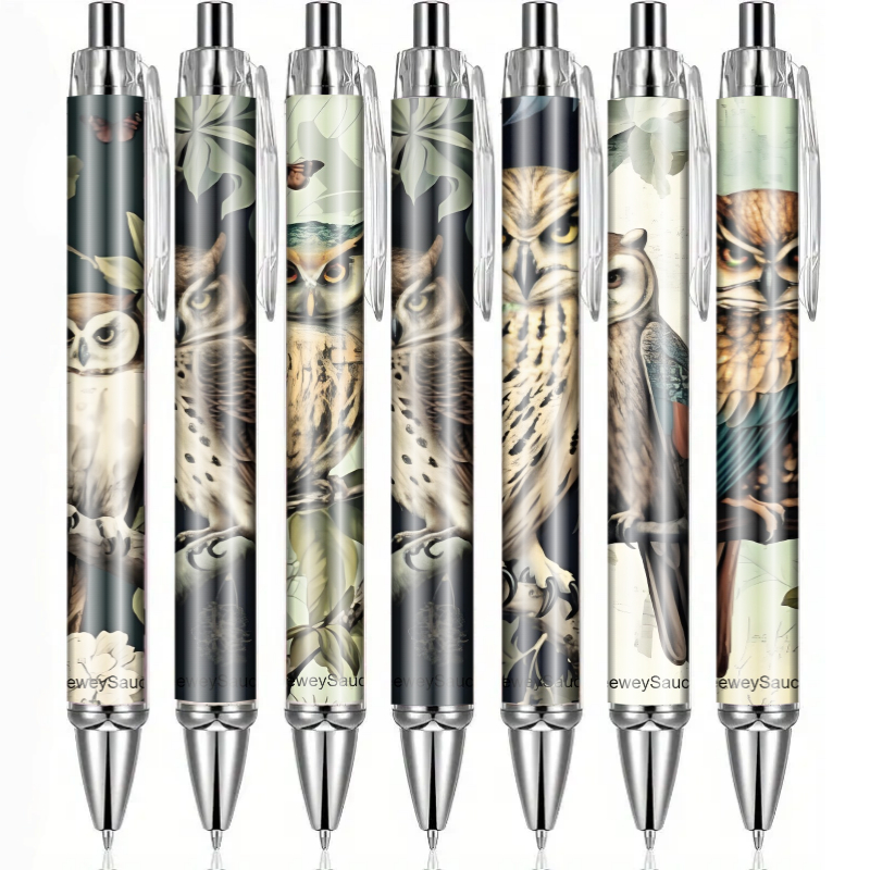 TEMU 7pcs Set Of Forest Bird-themed Writing Pens Featuring Stylish Owl Designs, Black Ink, Suitable For Trendy Stationery And Office Desk Decorations