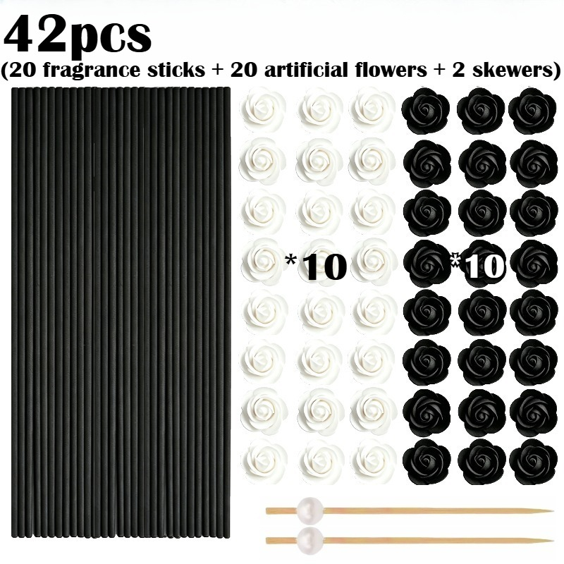 TEMU 42pcs (20pcs Scented Sticks And 20pcs Artificial Flowers And 2pcs Pearl Sticks) Black And White Scented Stick Set - Unscented, Diffuser Sticks,
