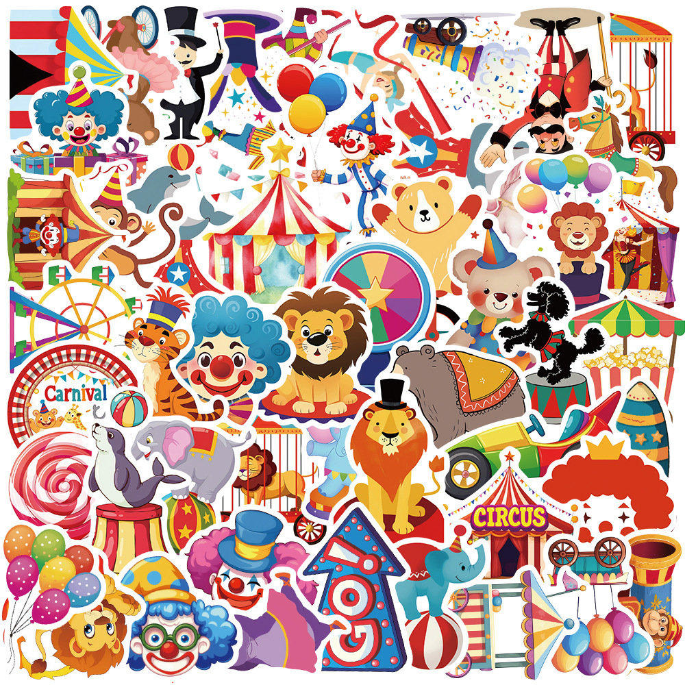 

50pcs Vibrant Circus & Carnival Vinyl Stickers - Reusable, Cartoon Decals For Water Bottles, Phone Cases, Laptops & More - Featuring , Animals, Acrobats & More, Graffiti, Refrigerators, Suitcases