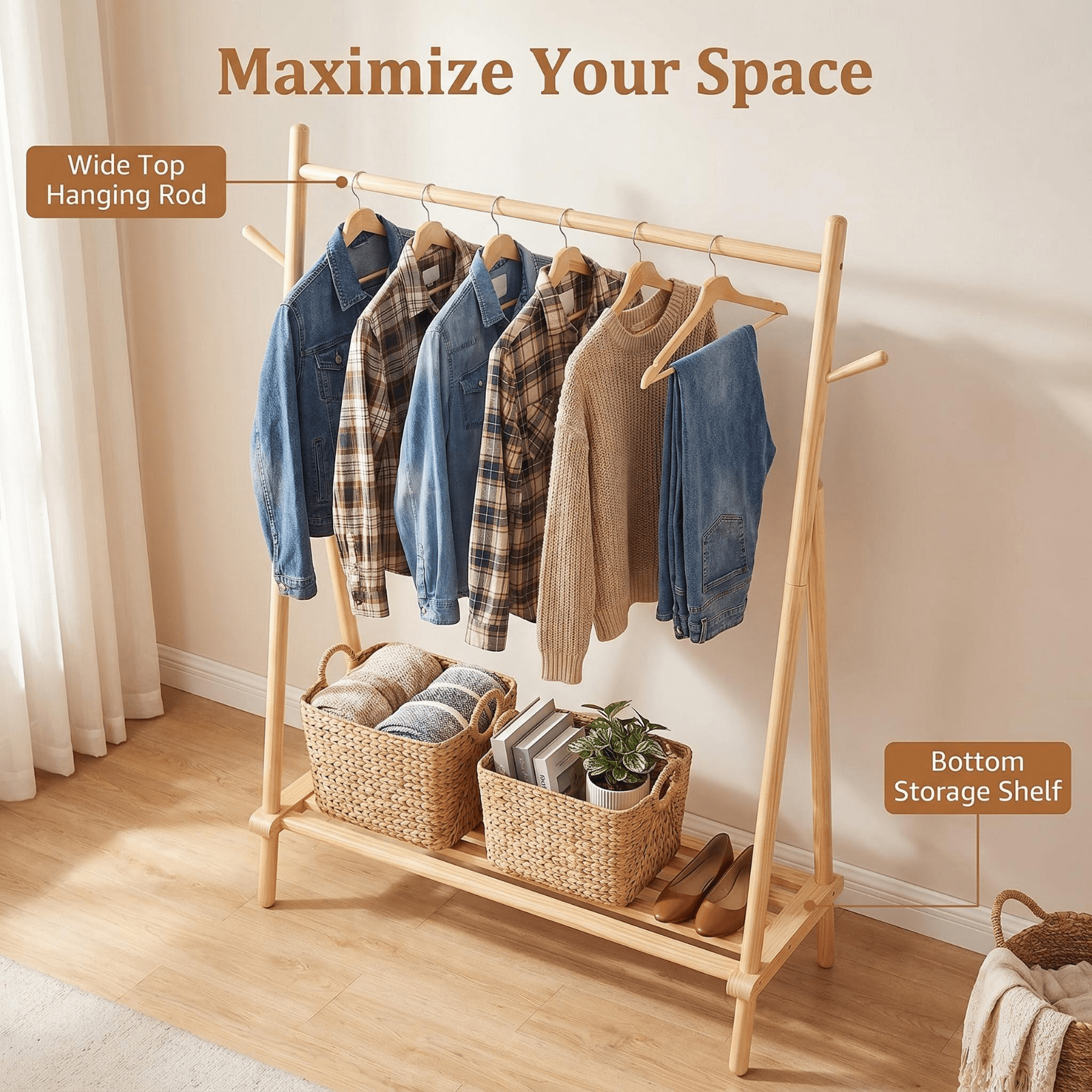 Solid Wood Quilt Rack with Bottom Storage Shelf - Modern Space-Saving Bed Frame Suitable for Home, Durable, Assembly Bedside Shelf Furniture, Rubberwood Bed Storage for Small Spaces (No Shelf Assembly)