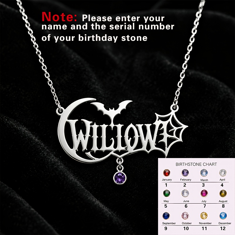 TEMU Custom 1pc Women' Steel Personalized Gothic Name Necklace With Birthstone, 18k Golden Plated, Halloween Bat Jewelry, Custom Birthday Stone Gift
