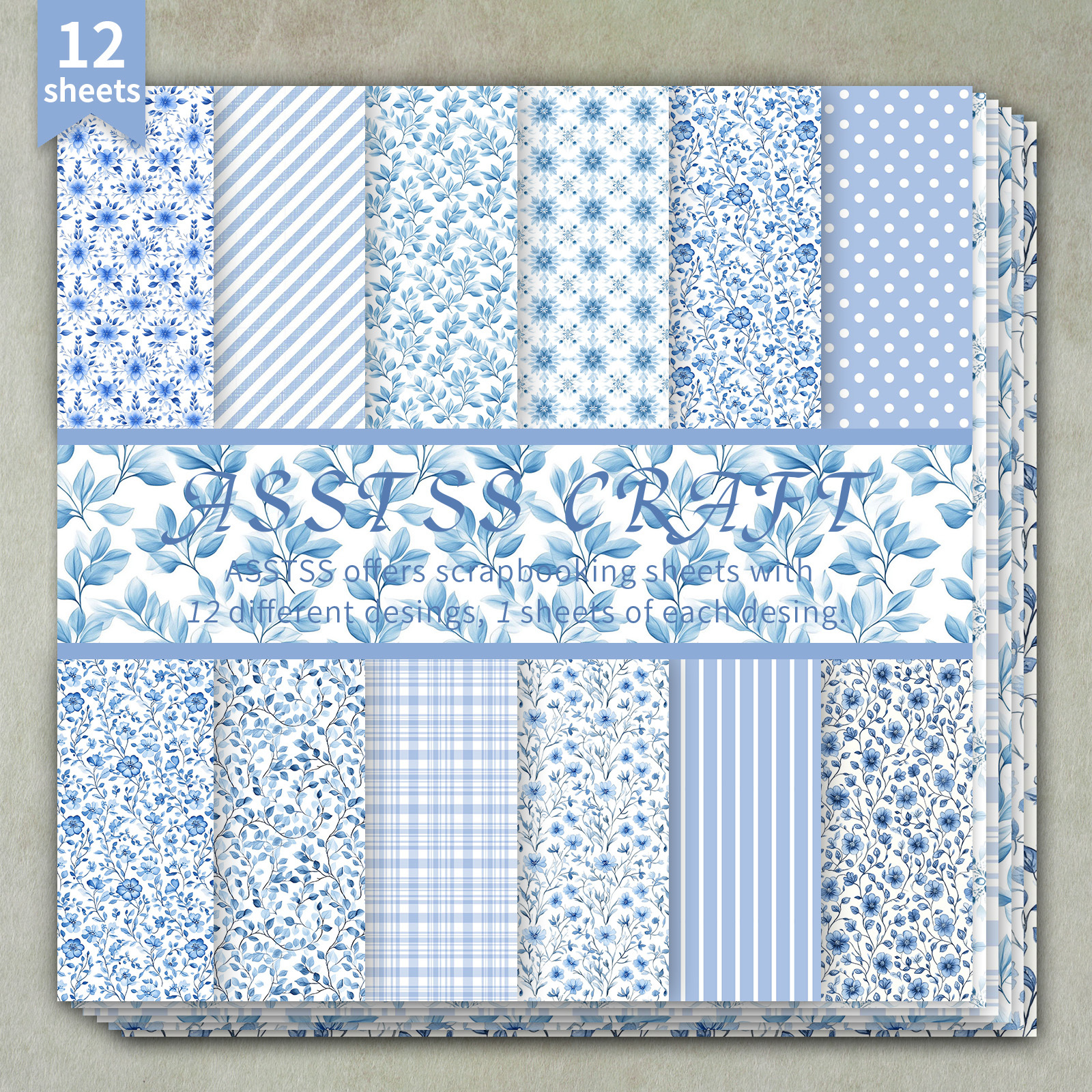 TEMU 12-sheet Asstss 6x6 Inch Scrapbooking Paper Pad, Watercolor Blue Floral Shabby Style Backing Paper Supplies, Heavyweight Cardstock For