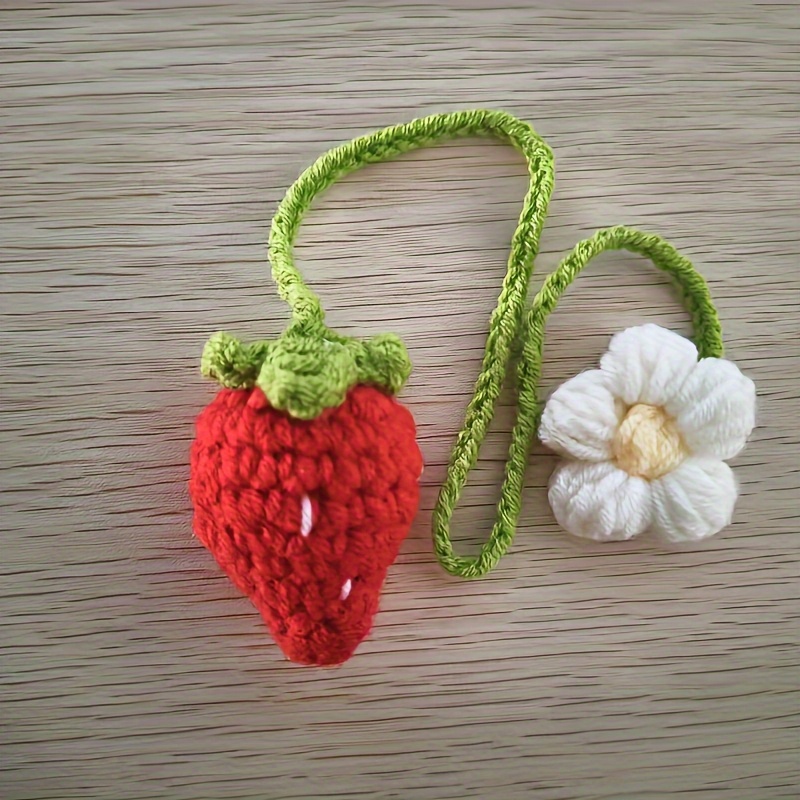 TEMU 1pc Handmade Crochet Flower And Strawberry Keychain- Unique Yarn Bag Charm With Green Leaves, Backpacks, Cars, Or Daily Use- Ideal Gift For