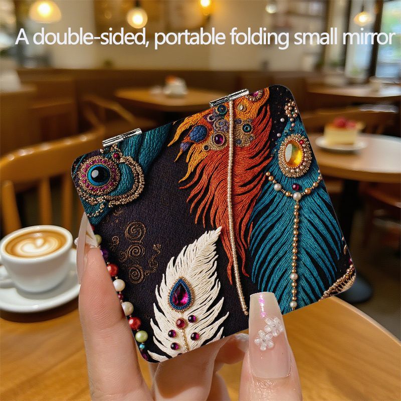 TEMU Double - Sided Portable Folding Small Mirror With Ornate Design, Colorful Patterns (red/ Blue/ White) With Gem - Like Decorations And Beads, /