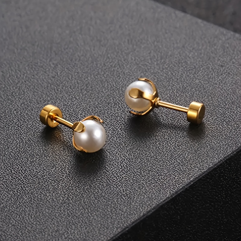 

1 Pair Of Chic Pearl Stud Earrings With 18k Gold-plated Stainless Steel - Elegant Four-claw Design For Casual Attire & Gifting, Y2k/bohemian Style