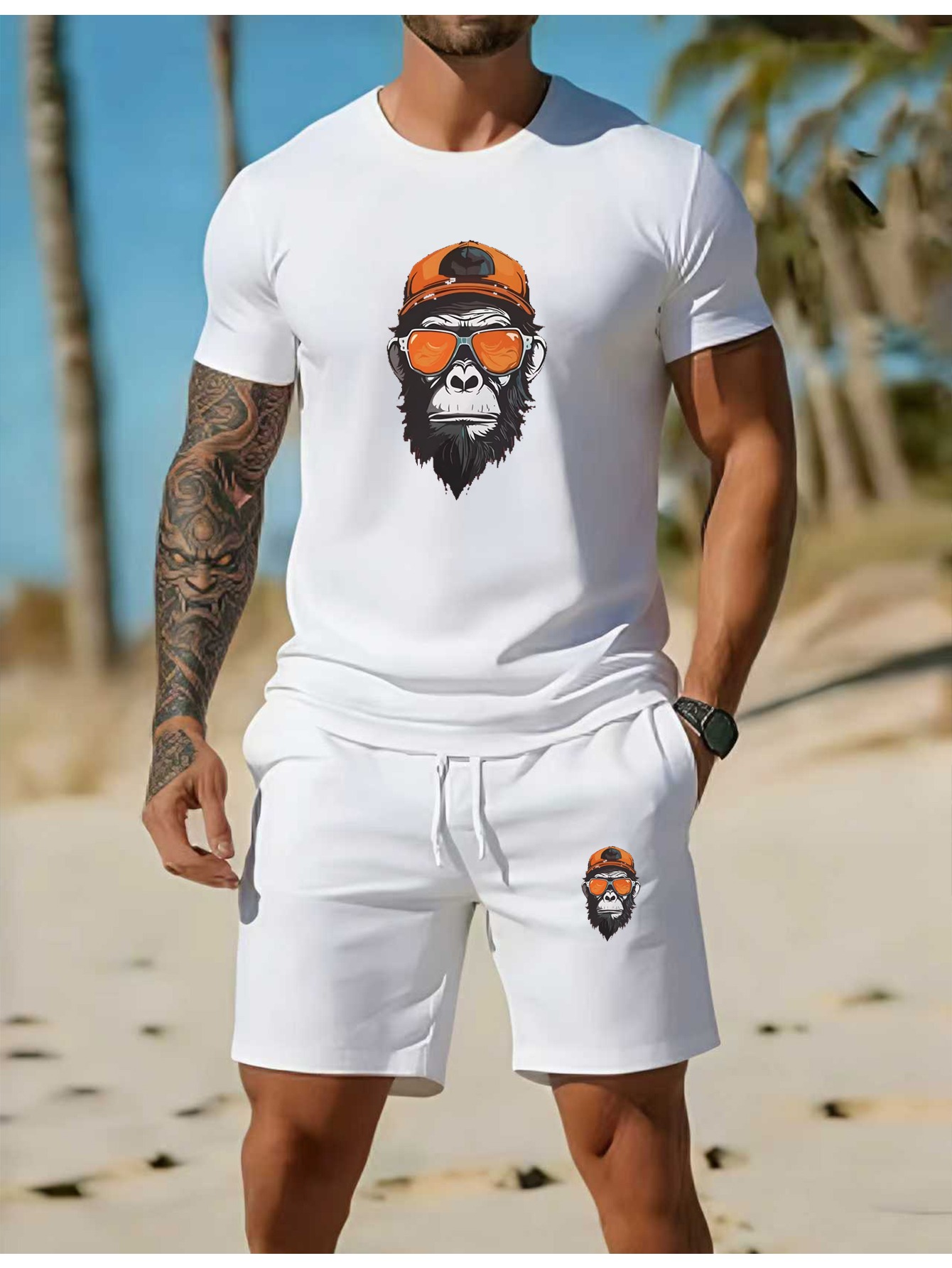 Summer New Men'S Athletic Suit Set Recommendation, Casual Round Neck Short Sleeve Beach Style Individualistic Gorilla Print Athletic Top And Pants Two-Piece Set, Comfortable And Breathable for Home And Outdoor Wear, Lazy And Aspirational
