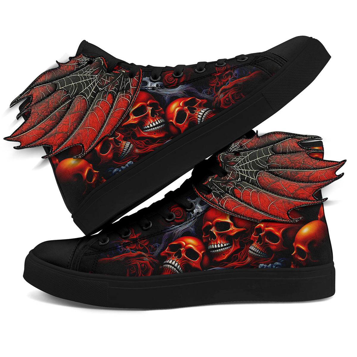 Men's Gothic Skull Wing High-Top Sneakers, 3D Wing Halloween Red Flame Skull Print Design Shoes, Spooky Horror Punk Streetwear Shoes