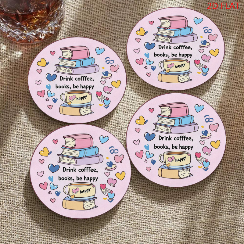 TEMU 4pcs Wooden Coasters, 2d Flat With "drink Coffee, Read Books, " Message, Suitable For Home, Office, Holiday Gifts, Christmas, Halloween, Easter,