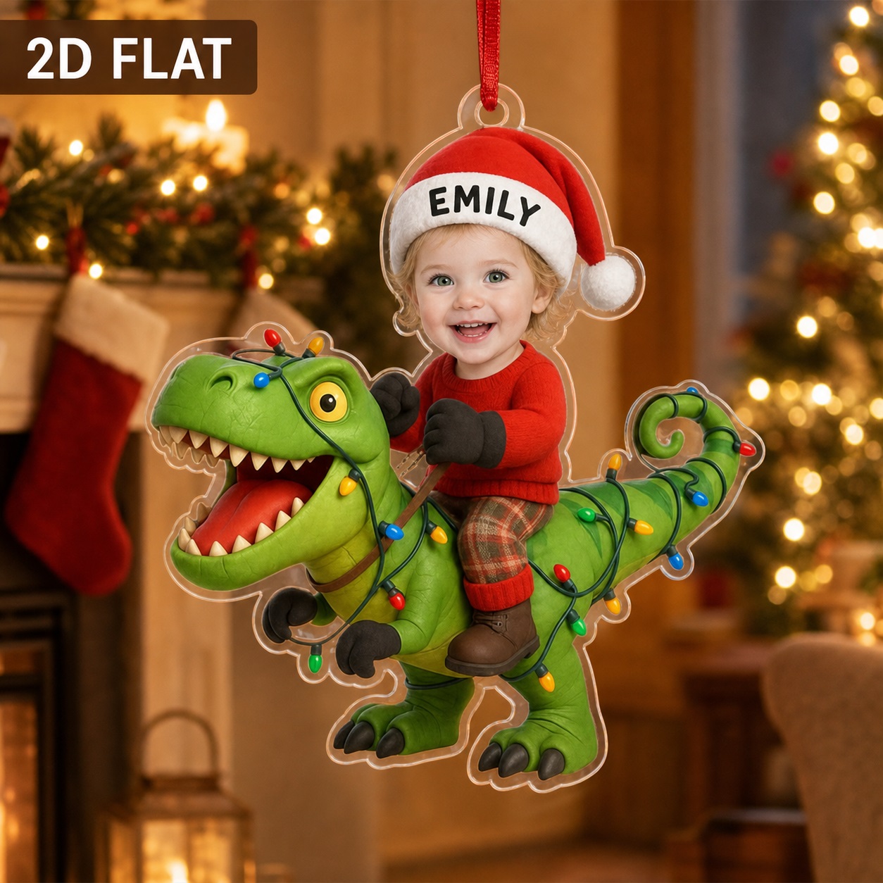 TEMU Custom Name And Photo Dinosaur Christmas Tree Ornament, Personalized 2d Flat Acrylic Hanging Decor, Festive Santa Hat Holiday Ornament, Creative