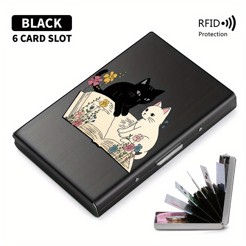 TEMU 2 Cats Reading On A Book Pattern Rfid-blocking Metal Card Holder, Pop-, Ultra-thin Dual Experience, Unisex Card Protector, Secure Storage,