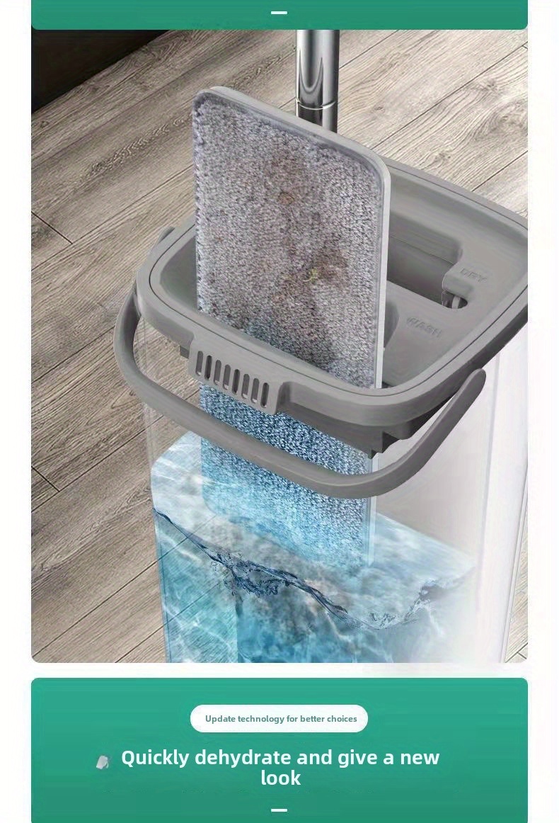 a household mop that requires no hand washing, featuring a flat mop bucket with wet and dry  ,   lazy cleaning. this set   a mop and a bucket with a wringer,   flat mop, and   with 2/4/6 washable microfiber pads, suitable for   wet and dry use, designed for cleaning all types of floors and windows  . details 3