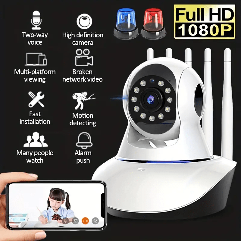 QKH 1080P HD WiFi Внутренняя камера с PTZ, ночным видением, двусторонним звуком, системой умного домашнего видеонаблюдения, самоклеящимся креплением, питание от USB, управление через приложение Android, не водонепроницаемая, для смартфонов - батарея и SD-карта не включены, детали 1