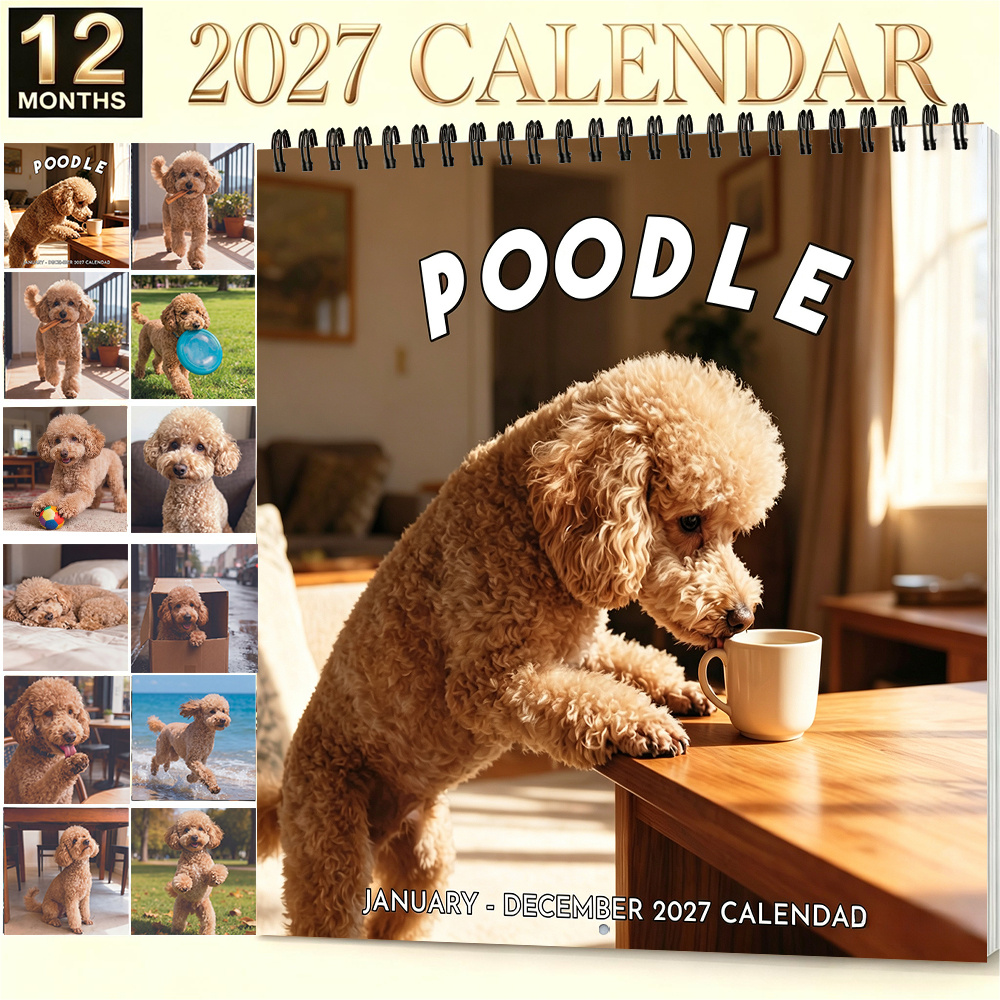 TEMU 1pc, 8.3x8.3 Inch 2027 Poodle Wall Calendar 12 Month Cute Dog Wall Hanging Calendar For Home Office School Decoration Ideal Gift For Christmas