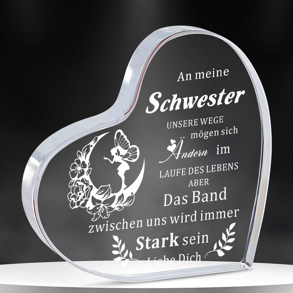 

1pc German Sister Love Keepsake - Acrylic Heart Shaped Decorative Box With Engraved Message, Birthday, Graduation, Christmas Gift For Her, Room & Office Decor, Paperweight